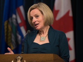 Alberta Premier Rachel Notley speaks at the Alberta legislature Edmonton, Alta. on Monday, April 11, 2016. (Ryan Wellicome)