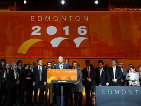 Federal NDP leader Thomas Mulcair (centre) gives a concession speech after the party voted for a leadership review during the Edmonton 2016 NDP national convention in Edmonton, Alta., on Sunday, April 10, 2016. Ian Kucerak/Postmedia Network