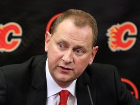 Calgary Flames general manager Brad Treliving speaks to the media at the Scotiabank Saddledome as the team cleared out their lockers for the season on Monday, April 11, 2016. (GAVIN YOUNG/POSTMEDIA)