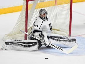 Los Angeles Kings goalie Jonathan Quick makes a save on a shot by Nashville Predators winger Viktor Arvidsson (not pictured) during NHL play at Bridgestone Arena. (Christopher Hanewinckel/USA TODAY Sports)