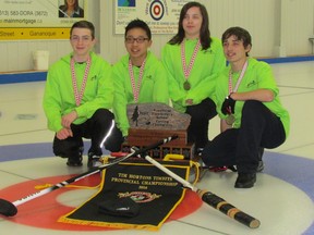 The team from Our Lady of Lourdes won the Timbits elementary school provincial curling championship. Team members, from left, were Jett Gazeley, Thai Dagnone, Sarah Matthews and Matt Prent. (Supplied photo)