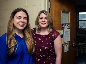 Nursing students Kyrinne Lockhart (left) and Rachel Hannigan helped develop and promote a more accessible system of quiet; private rooms available to Queens students who are nursing their babies. (Photo by Hannah Lawson/The Whig-Standard)