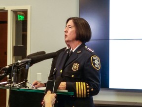 Seattle Police Chief Kathleen O'Toole speaks to reporters during a news conference Monday, April 11, 2016, in Seattle. Multiple body parts — including a foot — found in a homeowner's recycling bin likely belong to a woman who was reported missing Saturday morning, Seattle police said Monday. (Lynsi Burton/seattlepi.com via AP)