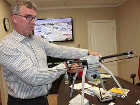 Keenan Kusan/The Sudbury Star
Stephen Costello, president of AirVU UAV Engineering and Costello Utility Consultants, with the the Skyranger.