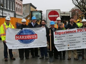 BRUCE BELL/STAFF REPORTER
Pictured is the ceremonial start to Picton's Main Street Makeover with County officials, BIA members and representatives from Taggart Construction, from left, are Justin Haight, project manager, Taggart Construction; Robert McAuley, commissioner of Engineering, Development & Works, PEC; James Hepburn, CAO, PEC; Councillor Lenny Epstein; Mayor Robert Quaiff; Matthew McIntosh, Greer Galloway; Penny Morris, of Penny’s Pantry; Rick Szabo, of Vic Cafe; Neil Carbone, director of Community Development, PEC; Councillor Gord Fox; and Joe Angelo, project manager, PEC.
