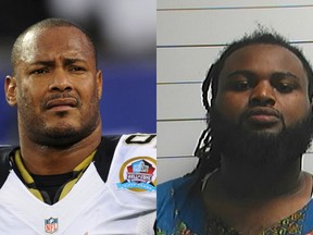 Former New Orleans Saints DE Will Smith and Cardell Hayes, charged with second degree murder in Smith's death. (AP Photo/Bill Kostroun and Orleans Parish Sheriff's Office via AP)