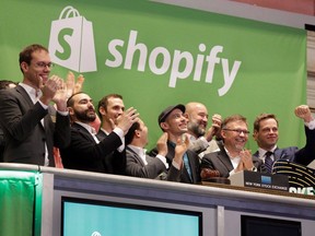 Shopify employees celebrate the company's arrival on the New York Stock Exchange in May 2015.