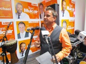 Jason McMichael, NDP candidate in Sarnia-Lambton, is shown in this file photo speaking with supporters on election night in October 2015 in Sarnia, Ont. McMichael said he was surprised by the results of last weekend's convention vote that ended Thomas Mulcair's leadership of the party. (File photo/Sarnia Observer/Postmedia Network)