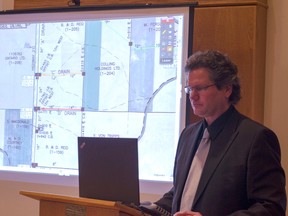 Dietrich Engineering’s Greg Nancekivell gives a PowerPoint presentation detailing his firm’s recommendations to extend the life of the Royal Oak drain in Huron-Kinloss. (Darryl Coote/Reporter)