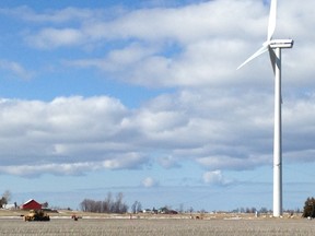One of the wind turbines at Ferndale has been tethered after it was found to be leaning. (Nelson Phillips The Wiarton Echo)