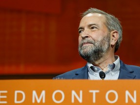 Federal NDP leader Thomas Mulcair gives a concession speech after the party voted for a leadership review during the Edmonton 2016 NDP national convention in Edmonton, Alta., on Sunday, April 10, 2016. Ian Kucerak/Postmedia Network
