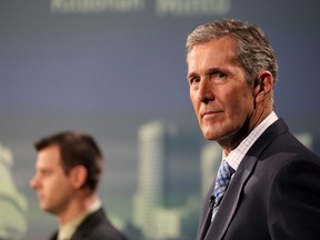 Green Party Leader James Beddome, left, and Progressive Conservative Leader Brian Pallister take part in the provincial leaders' debate in Winnipeg on Tuesday, April 12, 2016. THE CANADIAN PRESS/Trevor Hagan