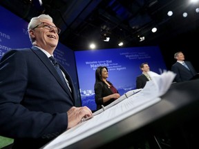 NDP Leader Greg Selinger, left to right, Liberal Leader Rana Bokhari, Green Party Leader James Beddome and Progressive Conservative Leader Brian Pallister take part in the provincial leaders' debate in Winnipeg on Tuesday, April 12, 2016. THE CANADIAN PRESS/Trevor Hagan