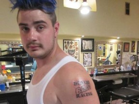 Andrew Michalski, a witness at the Tim Bosma murder trial, after getting his Baja Desert Racing tattoo in 2011 along with Dellen Millard and Shane Schlatman. (Facebook)