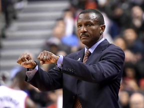Toronto Raptors head coach Dwane Casey gestures to his players in the second half of a 122-98 win over Philadelphia 76ers at Air Canada Centre in Toronto on April 12, 2016. (Dan Hamilton/USA TODAY Sports)