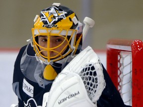 Penguins goalie Marc-Andre Fleury, who has been out of action with concussion symptoms, participates in a practice session in Cranberry, Pa., on Monday, April 11, 2016. (Keith Srakocic/AP Photo)