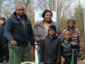 The Tshangala family has been selected to move into one of the two new Habitat for Humanity Sarnia/Lambton homes being built on 774 Devine St. in Sarnia. Back row from left are Gabriel, Maguy and 12-year-old Eliel. Front row from left are two-month-old Emily, Jasiel, eight, and Ben, six. Terry Bridge/Sarnia Observer/Postmedia Network