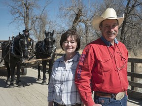 Lois and Jim Barbaro received an Annual Discovery Pass for Jim’s winning suggestion for Bar U Ranch’s new Percheron horses. He suggested the two additions be named Poca and Terra after European explorer, George Pocaterra. | Photo courtesy of Parks Canada