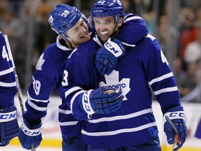 Toronto Maple Leafs forward William Nylander and forward Nazem Kadri celebrate a win over the Anaheim Ducks at the Air Canada Centre in Toronto on March 24, 2016. (John E. Sokolowski/USA TODAY Sports)