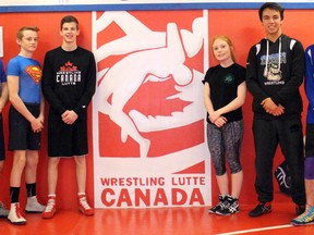 The Sarnia Bluewater Wrestling Club is sending five athletes to the cadet/juvenile Canadian wrestling championships Friday through Sunday in Calgary. From left are coach John Burke, Greg Wilson, Josh Barich, Erin Cromwell, Nathan Moro and Nathan McMillan. (Terry Bridge, The Observer)