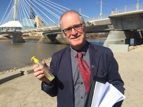 St. Boniface Liberal candidate Alain Landry holds a product that contains microbeads, which the Liberals would ban from products sold in Manitoba, if elected, during a Liberal press conference on April 13, 2016.