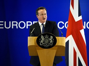 British Prime Minister David Cameron addresses the media after a European Union leaders summit in Belgium on February 19, 2016. Referring to the so-called Brexit, Cameron said he would campaign with all his "heart and soul" for Britain to stay in the European Union.  REUTERS/Dylan Martinez