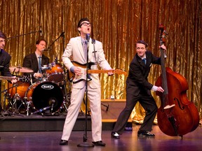 From left, Issac Bell plays Tommy Allsup, Jeremy Walmsley is Jerry Allison, Zachary Stevenson is Buddy Holly and Al Braatz is Joe B. Mauldin in Buddy: The Buddy Holly Story at the Grand Theatre. (DEREK RUTTAN, The London Free Press)