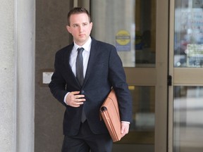 Psychiatric nurse Brendan Carmichael leaves the court house after giving testimony in the first-degree murder trial of Orangeville-native James McCullough, 22, in London, Ont. on Wednesday April 13, 2016. (CRAIG GLOVER, The London Free Press)