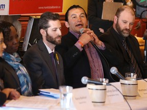 NDP candidate Wab Kinew speaks at a Fort Rouge candidate debate hosted by Osborne Village BIZ at Buccacinos restaurant on April 13, 2016. Vying for the seat last held by the NDP's Jennifer Howard, along with Kinew, are (from left): Rana Bokhari (Liberal), Audrey Gordon (Progressive Conservative), Matthew Ostrove (Manitoba Party) and Grant Sharp (Green). Kevin King/Winnipeg Sun/Postmedia Network