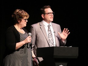 Caleb Marshall, artistic executive director at Sudbury Theatre Centre, and Geneviève Pineault, artistic director at TNO, announce a co-production of Rearview, at the unveiling of the  45th anniversary season of STC in Sudbury, Ont., on Wednesday April 13, 2016. Gino Donato/Sudbury Star/Postmedia Network