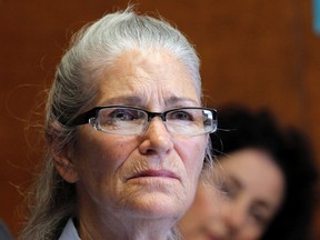 In this June 5, 2013, file photo, Leslie Van Houten appears during her parole hearing at the California Institution for Women in Chino, Calif. The youngest of Charles Manson’s followers to take part in one of the nation’s most notorious killings is trying again for parole. Van Houten is scheduled for her 21st hearing before a parole board panel Thursday, April 14, 2016. (AP Photo/Nick Ut, File)