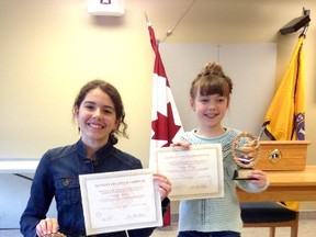 Grade 7 student Chandyn Bachiu, left, and Grade 4 student Sydney McLean, of R.H. Murray Public School, received top honors at the Lions Club District A5 Effective Speaking Competition held on Saturday, April 2, 2016. Supplied photo