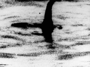 This is an undated file photo of a shadowy shape that some people say is a photo of the Loch Ness monster in Scotland. An underwater robot exploring Loch Ness has discovered a dark, monster-shaped mass in its depths. Disappointingly, tourism officials say April 14, 2016, the 30-foot (9 metre), object is not the fabled Loch Ness Monster, but a prop left over from a 1970 film. (AP Photo, File)