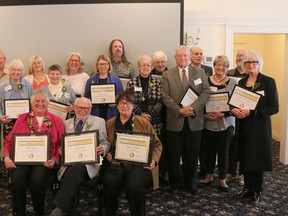 BRUCE BELL/The Intelligencer
Wellings of Picton hosted its first Prince Edward County Volunteer Recognition Awards at the Waring House on Wednesday. Pictured are the 17 nominees and award winners with Mayor Robert Quiaff (far left). In front (seated) are the inaugural award winners (from left) Fran Renoy, John Mather and Carlyn Moulton.