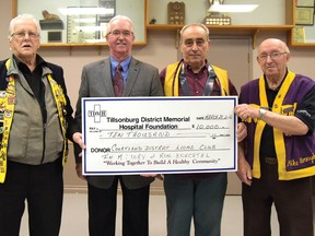 CHRIS ABBOTT/TILLSONBURG NEWS
Courtland District Lions Club recently donated $10,000 to the Tillsonburg District Memorial Hospital Foundation in memory of Ron Knechtel. From left are Courtland Lions VP Gord Chapman, TDMH Foundation executive director Dave Corner, Courtland Lions Club president Mike Hornyak, and Lion Mike Hornyak. $10,000 donations were also made the same night to Norfolk General Hospital in Simcoe, and the Delhi Community Health Clinic.