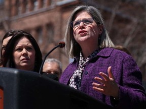 Provincial NDP leader Andrea Horwath speaks to a large crowd in front of Queen's Park during a rally in support of several demonstration schools and provincial schools on Thursday April 14, 2016 in Toronto, Ont. Parents, students and staff from Sir James Whitney and Sagonaska demonstration schools in Belleville took part in the rally. Tim Miller/Belleville Intelligencer/Postmedia Network