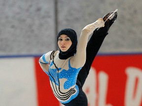 Emirati junior figure skater Zahra Lari performs during the figure skating European Cup on April 12, 2012 in Canazei, northern Italy. 17-year-old Lari becomes the first Emirati figure skater to compete in an international competition with skaters from 50 countries taking part in the European Cup from April 9 to 13. AFP PHOTO/ANDREA SOLERO