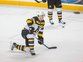 Kingston forward Lawson Crouse rests on one knee following the Frontenacs’ Ontario Hockey League playoff series loss to the Niagara IceDogs at the Meridian Centre in St. Catharines on Wednesday night.
(Bob Tymczyszyn/Postmedia Network)