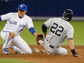 New York Yankees baserunner Jacoby Ellsbury steals second ahead of the tag by Blue Jays second baseman Ryan Goins at the Rogers Centre in Toronto Thursday, April 14, 2016. (Stan Behal/Toronto Sun/Postmedia Network)
