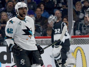 San Jose Sharks right winger Joel Ward (42) celebrates a goal past Los Angeles Kings goalie Jonathan Quick (32) in the second period of the Game 1 of the first round of the 2016 Stanley Cup Playoffs at Staples Center in Los Angeles on April 14, 2016. (Jayne Kamin-Oncea-USA TODAY Sports)