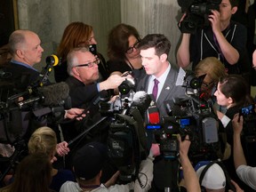 Mayor Don Iveson speaks to the media after Minister of Finance, Joe Ceci, (not pictured) delivered the budget in the Alberta Legislature on April 14, 2016 in Edmonton. Greg Southam-Postmedia Network)