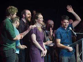 Members of Hey Rosetta react to their three awards at the 2016 East Coast Music Awards Gala in Sydney, N.S. on Thursday, April 14, 2016. THE CANADIAN PRESS/Andrew Vaughan