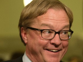 Minister of Education David Eggen speaks to the media after the NDP delivered their provincial budget at the Alberta Legislature, in Edmonton Alta. on Thursday April 14, 2016. Photo by David Bloom