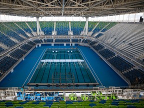 The Olympic Aquatics Stadium stands ready during a media tour at the Olympic Park for the Olympics in Rio de Janeiro, Brazil, on April 4, 2016. (AP Photo/Felipe Dana)