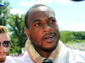 In this Aug. 1, 2015 file photo, Buffalo Bills wide receiver Percy Harvin speaks to the media during an NFL football training camp in Pittsford, N.Y. (AP Photo/Bill Wippert, File)