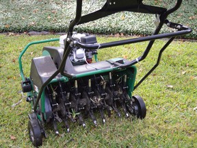 An aerator is a machine that looks like a lawn mower and removes cores or plugs of soil from you lawn. It’s recommended you aerate your lawn every other year.