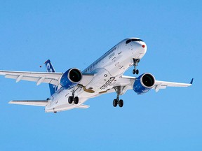 Bombardier's CS300 is shown as it takes off on its maiden test flight in Mirabel, Que., on Friday, Feb. 27, 2015.  THE CANADIAN PRESS/Ryan Remiorz
