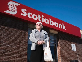 Jannina Szigielski is photographed outside the Scotiabank bank in the Riverside Mall on Ridgewood Avenue, Thursday, April 14, 2016. (Darren Brown/Postmedia Network)