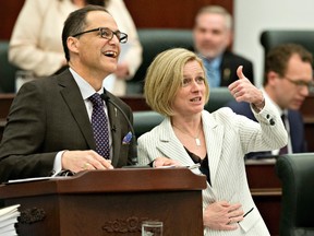 Alberta Premier Rachel Notley gives the thumbs up before Minister of Finance Joe Ceci delivers the 2016 budget in Edmonton on Thursday April 14, 2016. Jason Franson/The Canadian Press