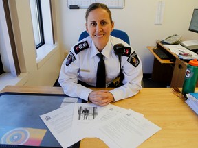 Emily Mountney-Lessard/The Intelligencer
Staff Sgt. Sheri Meeks is shown here in her new office at the Belleville Police Service on Friday. Meeks is taking on a new role as executive officer which includes several new responsibilities including media relations.